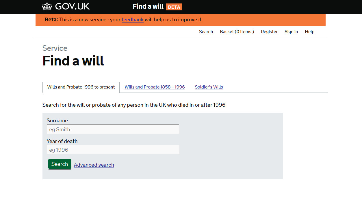 Capture d'écran du site gouvernemental britannique pour trouver un testament